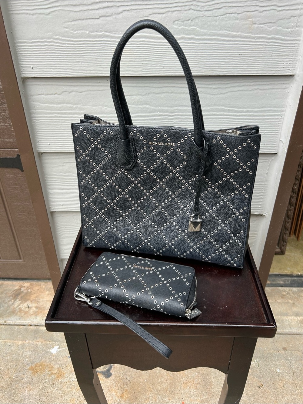 Michael Kors Black Stud-Embellished Tote with Matching Wallet